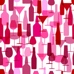 Wine bottles and glasses,  seamless pattern, vector
