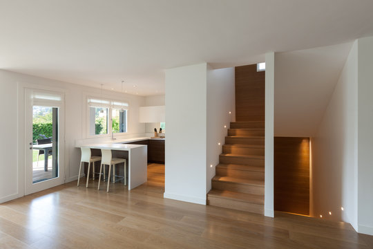 modern kitchen and wide hall
