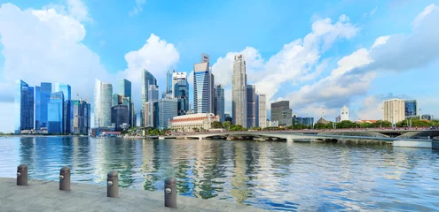 Tuinposter central Singapore skyline. Financial towers and Esplanade drive bridge © lena_serditova