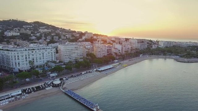 Cannes, Aerial view over the croisette at sunrise, 4K, UHD (3840X2160)