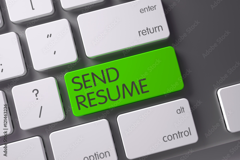 Poster green send resume button on keyboard. 3d.