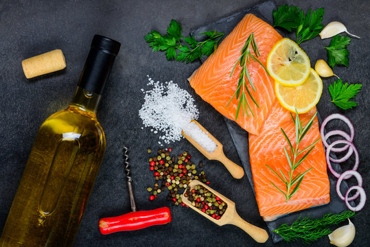 Salmon Fillet with Cooking Ingredients and White Wine