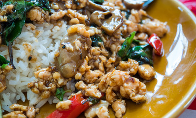 Close - up of Basil Fried Chicken thai food