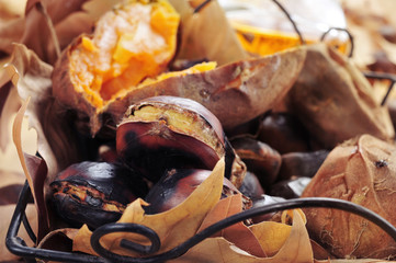 roasted chestnuts and roasted sweet potatoes in a basket