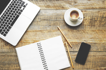 Comfortable working place at wooden table