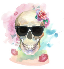 Watercolor tattoo concept with skull in sunglasses element isolated. Tattoo sketch art concept could be used for tattoo, sticker, background, texture, pattern, frame or border.