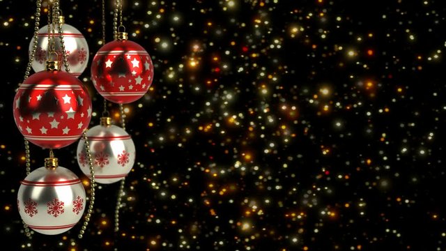 red and silver christmas balls with glitter bokeh background. Seamless loop. 3D render