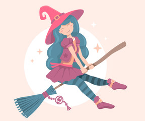 Vector colorful halloween illustration of witch character with h