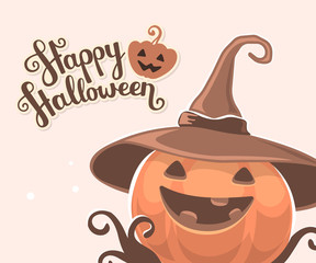 Vector halloween illustration of decorative orange pumpkin in wi