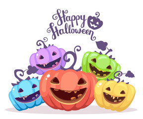 Vector halloween illustration of heap decorative pumpkins of dif