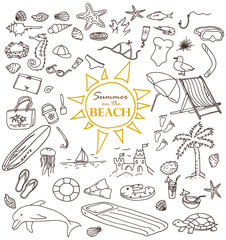 Hand-drawn doodles of the summer on the beach objects: water, surfing, cream, swimming, cap, crab, jellyfish, dolphin. Line art illustrations.