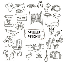 Hand-drawn doodles of the wild west objects: revolver, cowboy, money, horse, dynamite, lasso, sheriff, desert, landscape, cactus, alcohol, wanted, eagle, wheel, saloon. Line art illustrations.