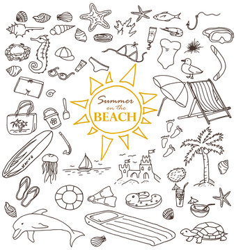 Hand-drawn doodles of the summer on the beach objects: water, surfing, cream, swimming, cap, crab, jellyfish, dolphin. Line art illustrations.