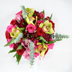 round bouquet top view on gray background