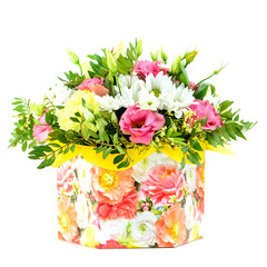 box composition with fresh flowers on a white background isolate
