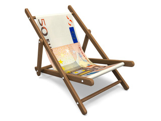 Deckchair with the euro banknote. Concept 3D illustration.
