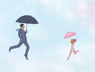 Illustration of man and woman flying in open air with umbrella i