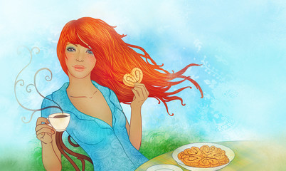 Illustration of yoing woman eating cookie and drinking tea