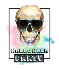 Watercolor tattoo concept with skull in sunglasses element isolated. Tattoo sketch art concept could be used for tattoo, sticker, background, texture, pattern, frame or border.