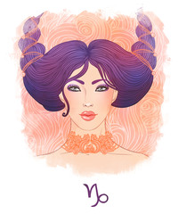 Illustration of Capricorn astrological sign as a girl. Watercolo