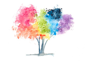 Rainbow color tree on white, watercolor hand painted