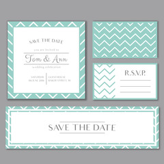 Vector template for wedding invitation card with stripes. Save the date and RSVP. Tender mint and grey colors.
