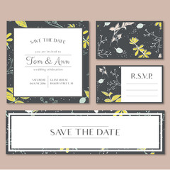 Vector template for wedding invitation card with herbs. Save the date and RSVP. Botanical style.