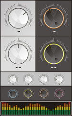 vector set, audio system controls. round control knob, the graphic scale of signal level, digital graphic equalizer with multi-colored division level