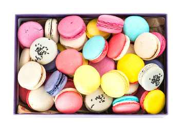 closeup French dessert macaroon gift box isolate
