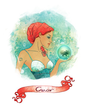 Illustration of cancer astrological sign as a beautiful girl