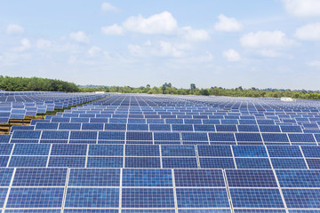 solar photovoltaics  panels in solar power station on blue sky background 