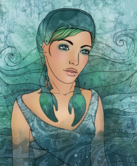 Illustration of cancer astrological sign as a beautiful girl