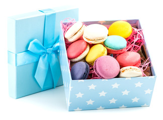 closeup French dessert macaroon gift box isolate