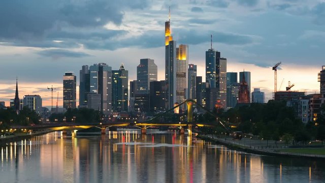 Skyscrapers in the business district of Frankfurt in a summer sunset