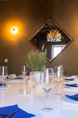table set up in elegant restaurant interior,selective focus