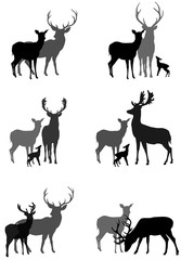 set of silhouettes of deer family and a couple of deer, vector illustration