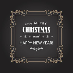 Vintage Christmas frame on chalkboard. Merry Christmas and Happy New year wish greeting card design in retro style.