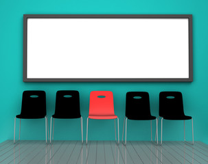 The room of Job recruiting and advertising poster or blank billboard advertisement ,  One chair is colored differently to represent the hiring position to be recruited and filled.