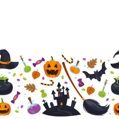 Naklejka premium Vector horisontal seamless pattern for Halloween in cartoon style