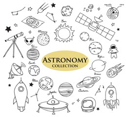 Hand-drawn doodles of the astronomy objects: planets, rockets, satellite, space, science objects etc. Line art illustrations.