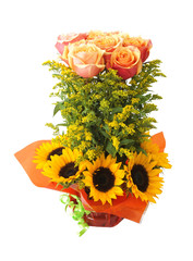 Fototapeta premium Floral arrangement with roses and sunflowers on white background