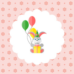 Bunny in cap with balloons and gift.