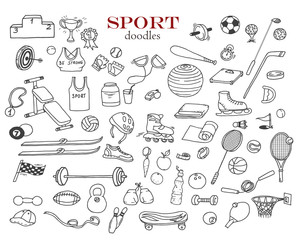 Hand-drawn doodles of the sport objects: football, basketball, golf, skates, racket, boxing gloves, rollers, skates, baseball, skis etc. Line art illustrations.