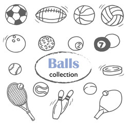 Hand-drawn set with the doodle icons of the different balls: football, basketball, golf, billiard, bowling and other. Line art illustrations.