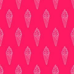 Seamless ice cream cone pattern on bright pink background, hand-drawn color summer food vector, for cards, invitations, food design, EPS 8