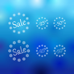 Christmas and New Year vector sale ad. Winter discount sticker of percent off on blue abstract background. Set of snowflake price labels in the shape of European flag.