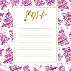 Cards note with New Year decorations. 2017 calligraphy number. Blank for wishlist design. Template for scrapbooking and congratulations