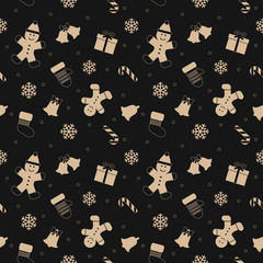 Christmas seamless pattern with gingerbread man, mittens, bells and snowflakes in trendy golden color on black. Can be used as wrapping paper, greeting card or web site backdrop.