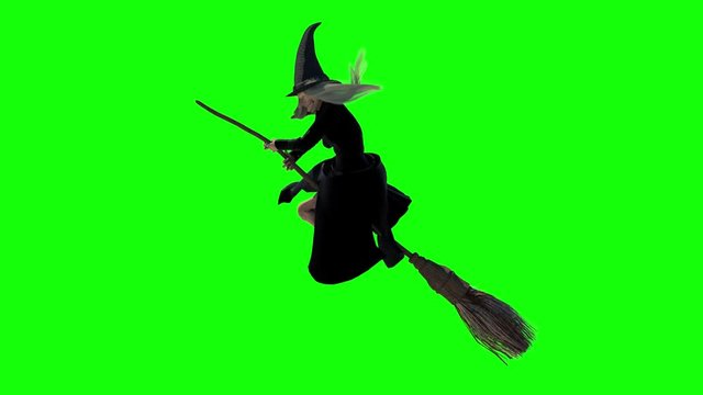 the funny fearful witch flies on a broomstick on a green background render 3D