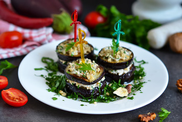Appetizer of eggplant and nut sauce, cilantro and garlic